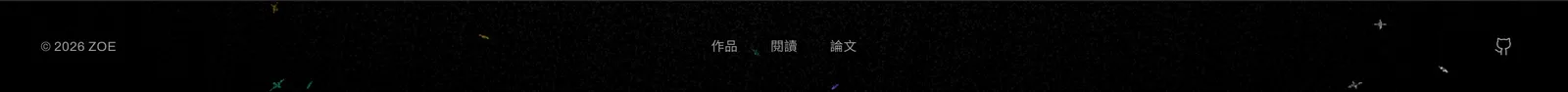 桌機的頁尾排成一行:版權、作品/閱讀/論文、GitHub 圖示